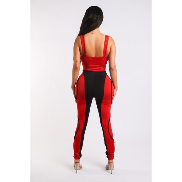Women's Colorblocked Jumpsuit With Binding Detail Square Neck Strappy Sleeve - Picture 3 of 10